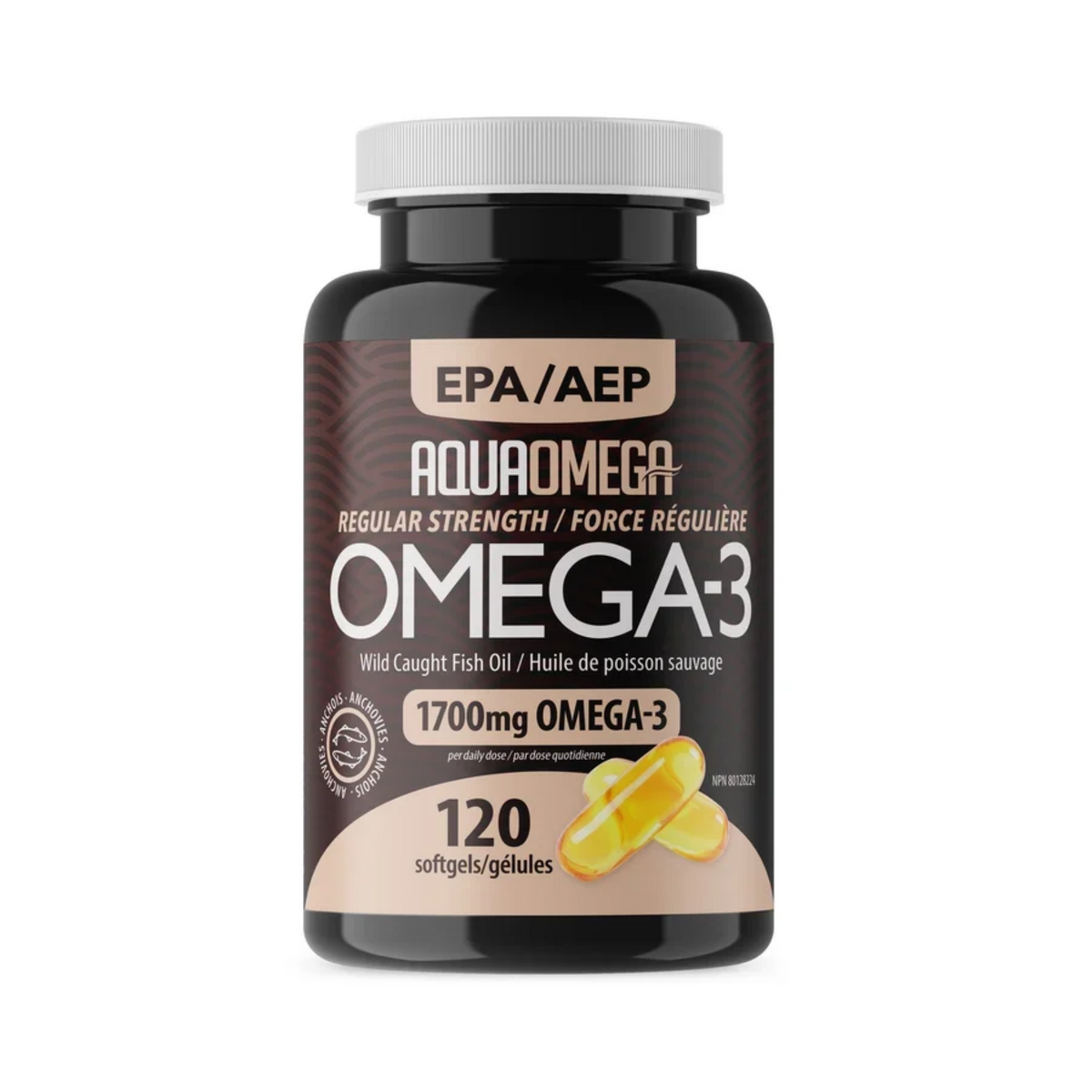 Aquaomega omega 3 regular strength 1700mg 120 softgels, front view