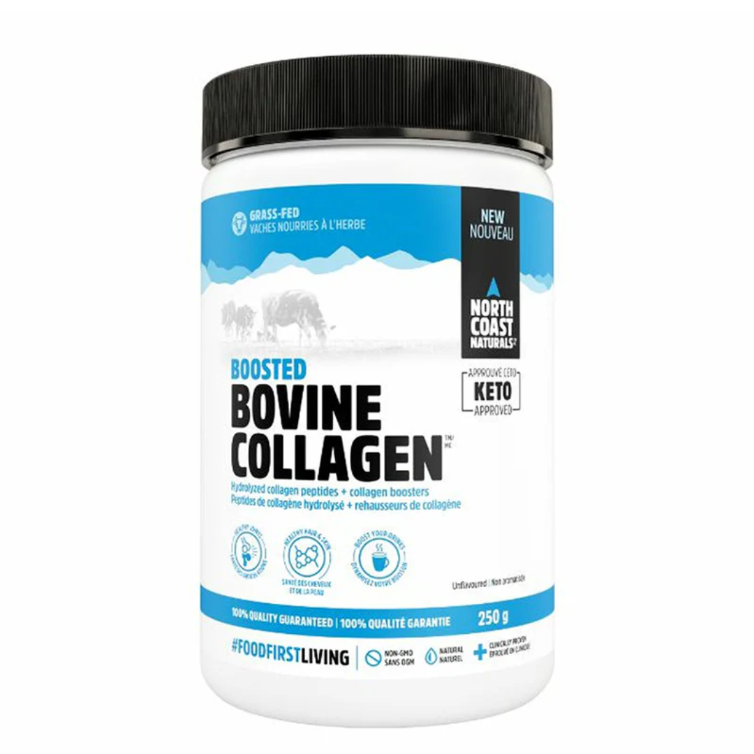 Boosted Bovine Collagen™ contains non-GMO hydrolyzed collagen peptides sustainably sourced from pasture-raised. Each serving delivers 10 g of hydrolyzed collagen plus added L-Tryptophan (an essential amino acid, missing in collagen), making Boosted Bovine Collagen™ a complete protein. Best prices at Nutrizone.ca!