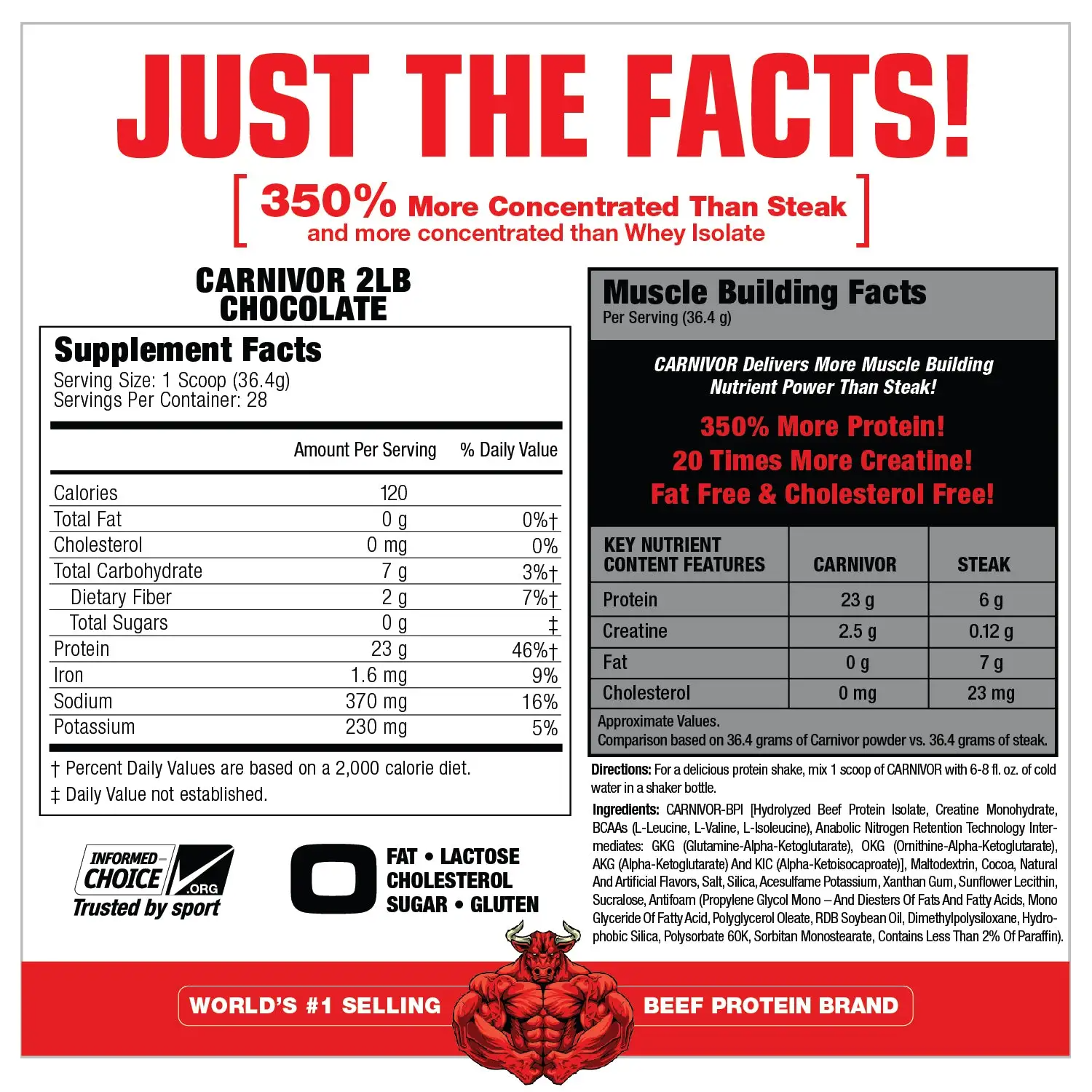 CARNIVOR Beef Protein Isolate delivers all the muscle-building power of beef with greater amino acid levels than other protein sources used in supplements, including whey, soy, milk, and egg. Plus, it is sugar-free, fat-free, lactose-free, and cholesterol-free! Best prices at Nutrizone.ca!