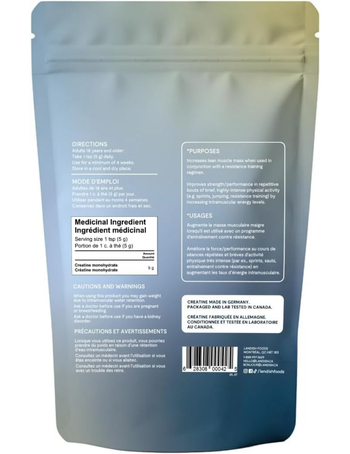 landish creapure creatine monohydrate 60 servings nutrition label, back view