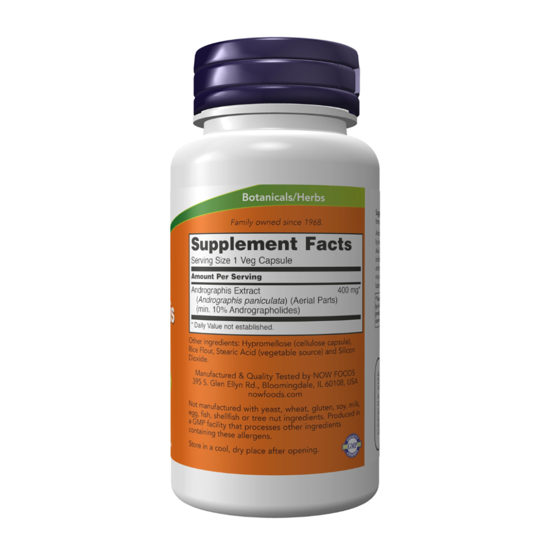 NOW Andrographins Extract 400 mg supplement facts label showing dosage and herbal extract details 