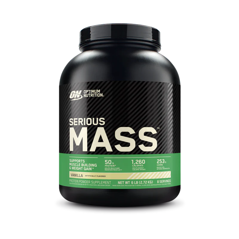 OPTIMUM NUTRITION Serious Mass powder supports muscle building, weight gain, and helps fuel workouts with up to 1260 calories, 50g of protein, up to 253g of carbohydrates, and 5g of creatine monohydrate in every serving 1,7– all in a convenient shake for easy consumption AVAILABLE at NUTRIZONE