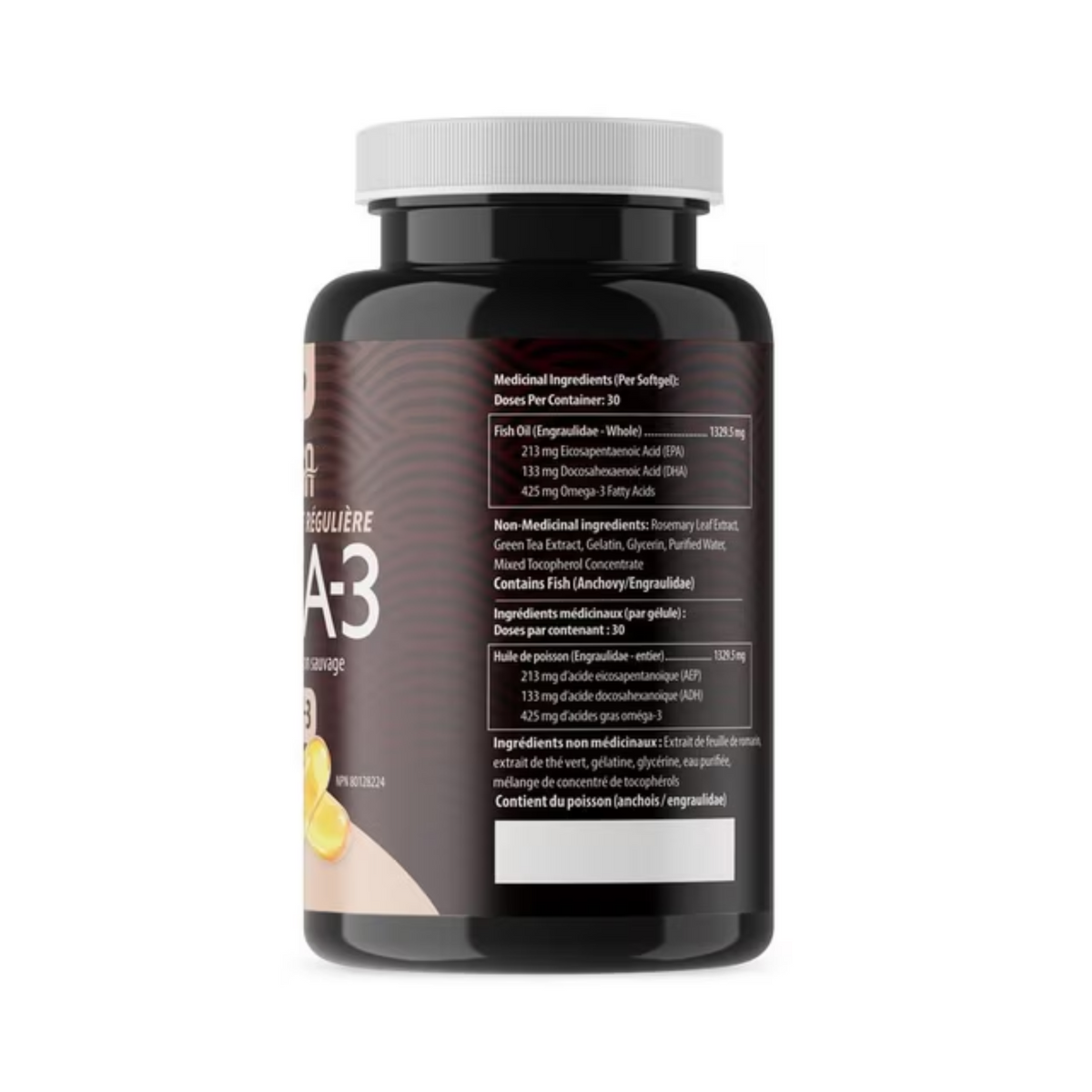 Aquaomega omega-3 regular strength 1700mg 60 softgels, left side, nutrition label