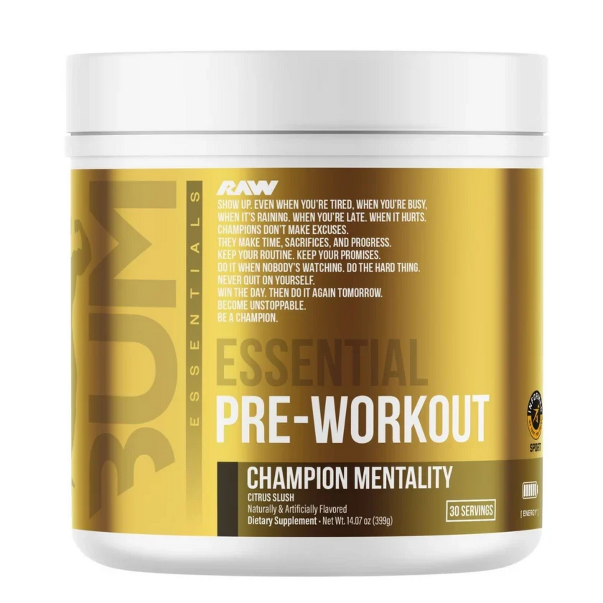 cbum x raw essential pre workout champions mentality, front view