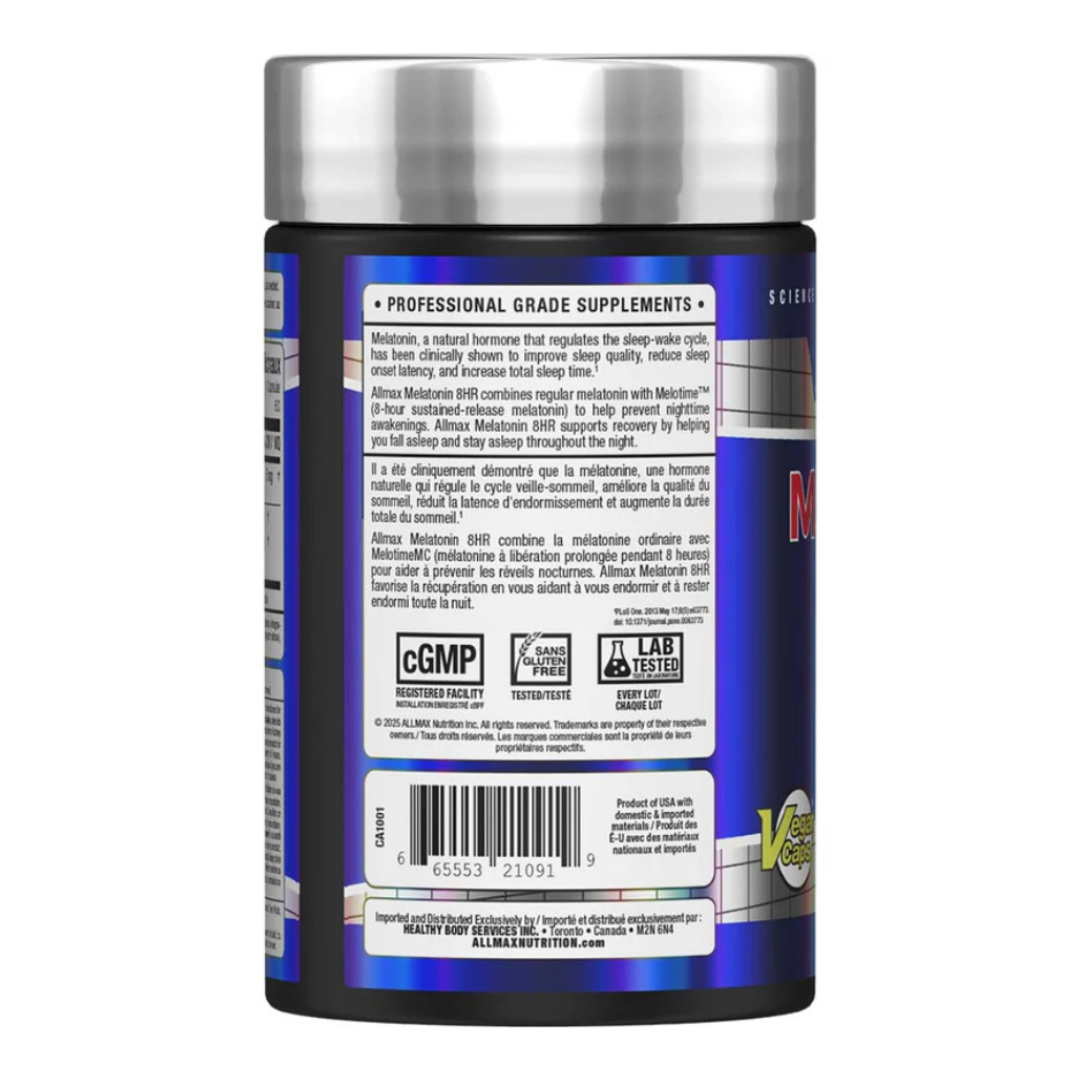 ALLMAX Melatonin 8HR 60 capsules bottle back label and product information
