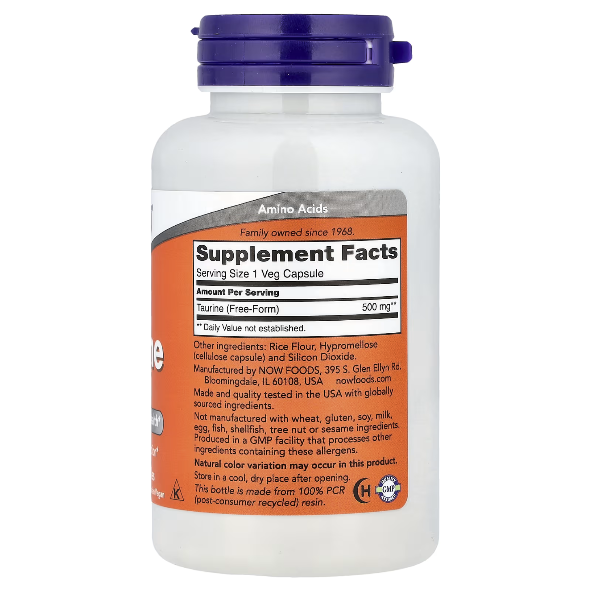 Nutrition label and ingredients for Now taurine 500mg 100 vege capsules, back view
