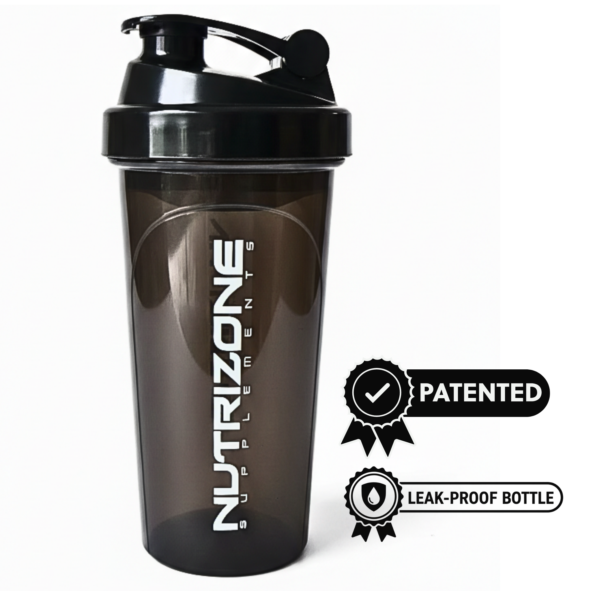 Black shaker bottle with Nutrizeone logo and patented leak-proof feature on a white background Nutrizone .