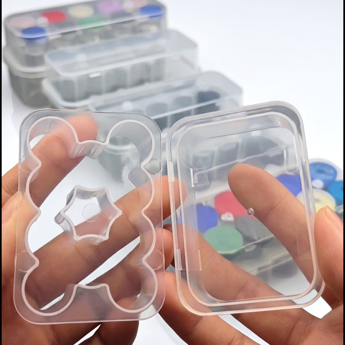 Open 10-slot peptide case showing precision-molded inserts for 3cc liquid vials