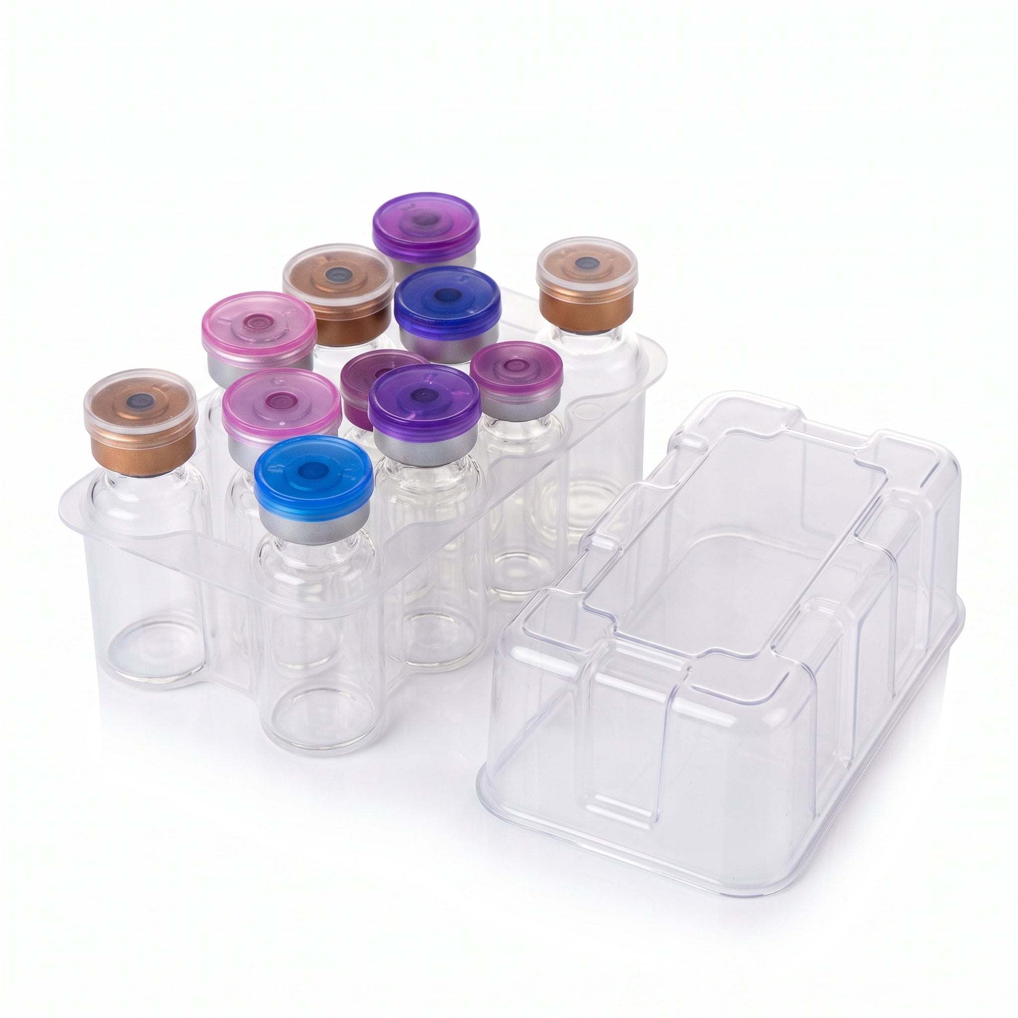 Clear 10-vial peptide storage case holding 3cc glass vials on white background