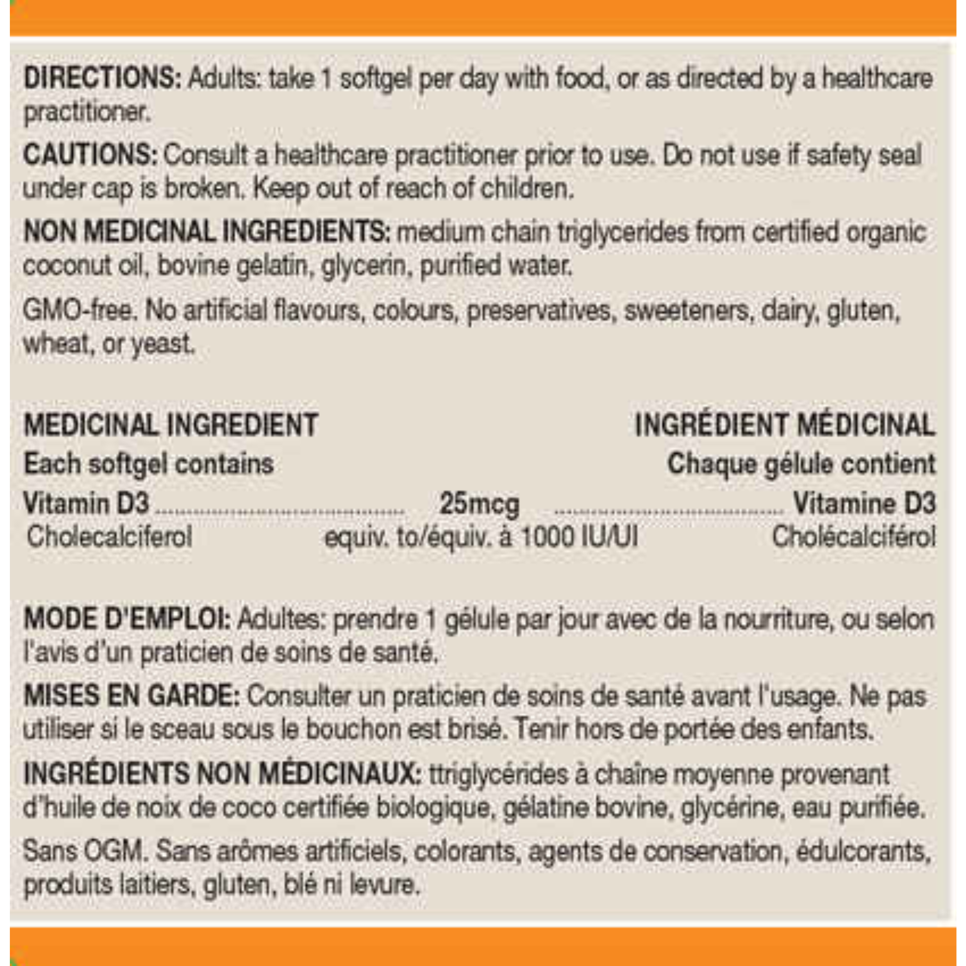 Nutrition label of Orange Naturals vitamin d3 90 softgels