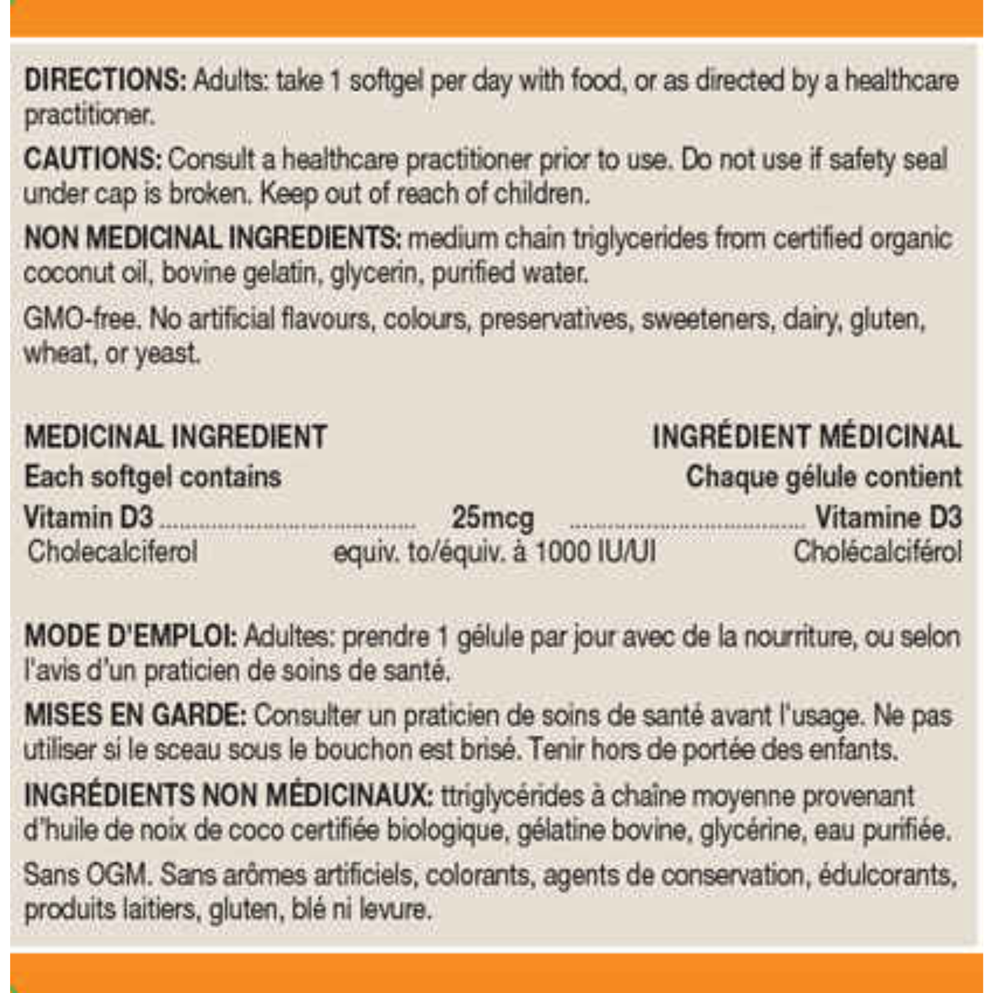Nutrition label of Orange Naturals vitamin d3 90 softgels