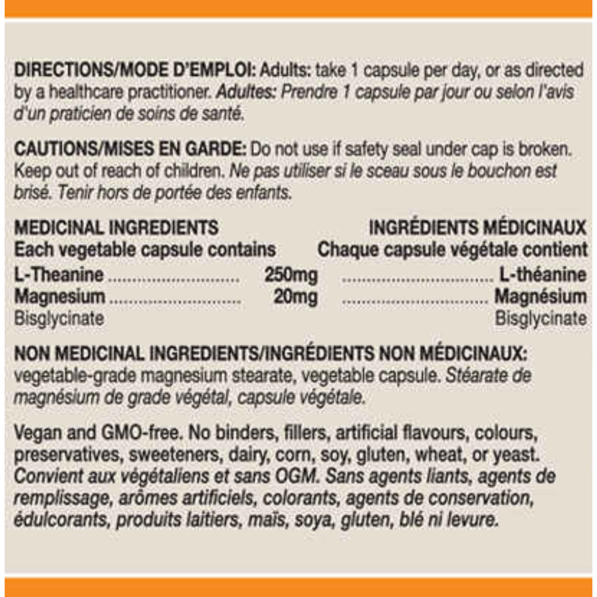 nutrition label and ingredients for orange natural l-theanine with magnesium.