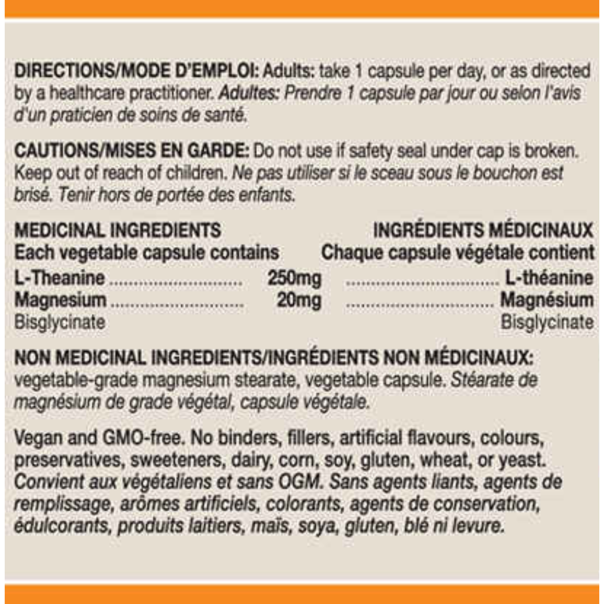 nutrition label and ingredients for orange natural l-theanine with magnesium.