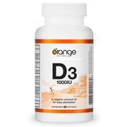 Orange Naturals vitamin D3 1000iu 90 softgels bottle, organic coconut oil for absorption, front view