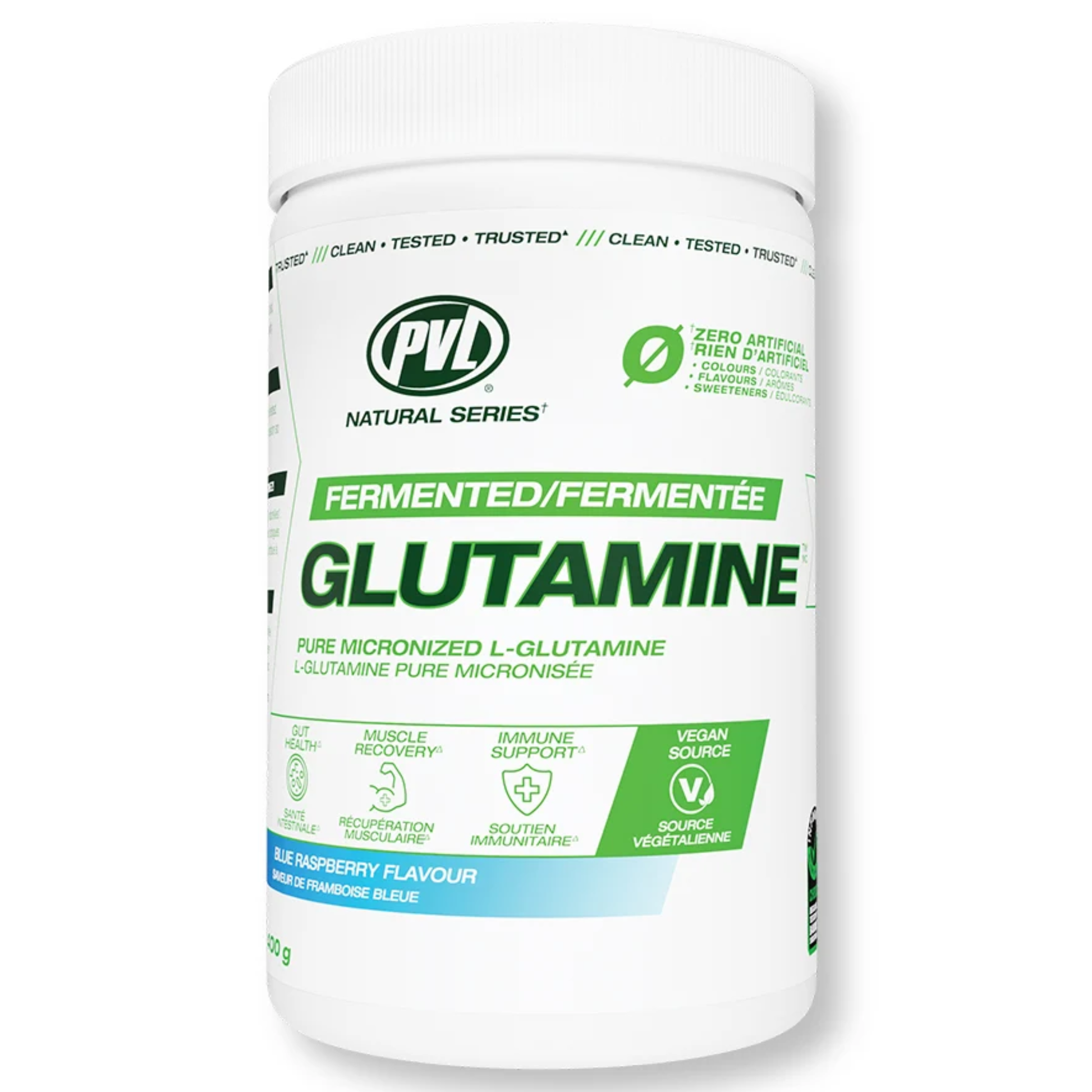 Pvl pure micronized l-glutamine 400g blue raspberry, front view