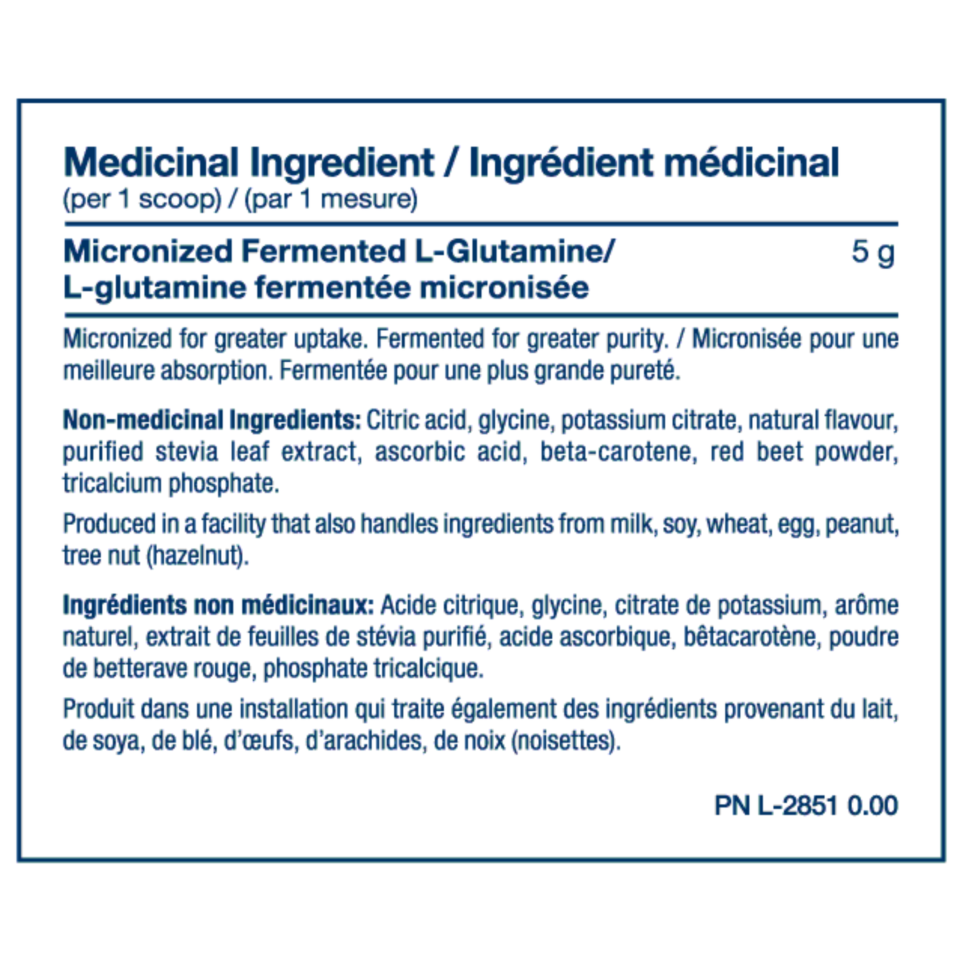 Nutrition label and ingredients for Pvl pure micronized glutamine 400g.