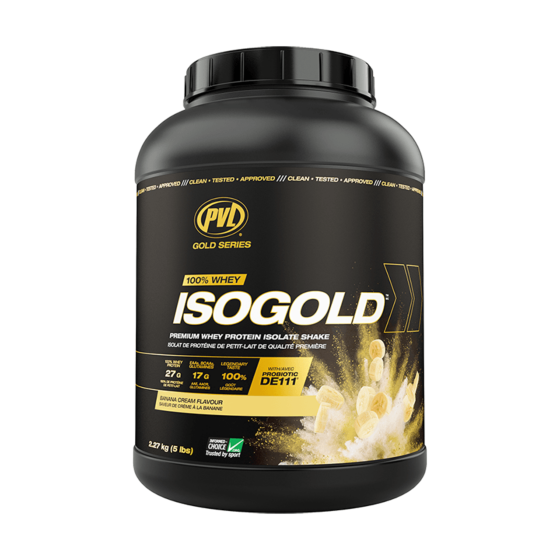 Pvl IsoGold 5 lb whey protein isolate powder tub in Banana cream flavor, front view.