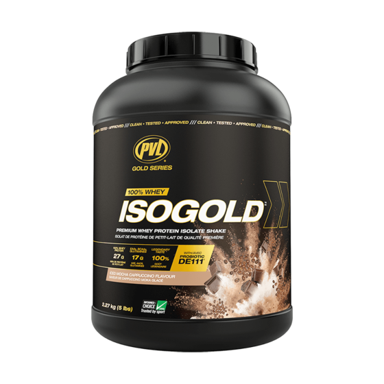 Pvl IsoGold 5 lb whey protein isolate powder tub in Ice mocha cappuccino flavor, front view.