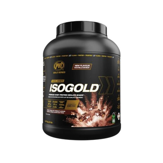 Pvl IsoGold 5 lb whey protein isolate powder tub in Rocky road flavor, front view.