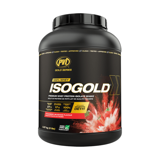 Pvl IsoGold 5 lb whey protein isolate powder tub in Strawberry milkshake flavor, front view.