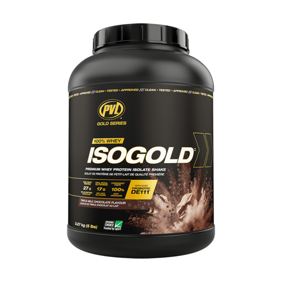 Pvl IsoGold 5 lb whey protein isolate powder tub in Triple Milk Chocolate flavor, front view.