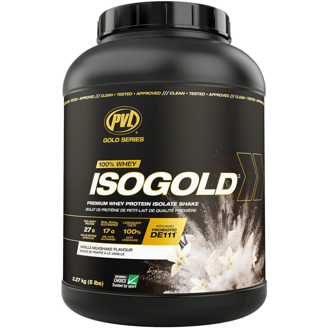 Pvl IsoGold 5 lb whey protein isolate powder tub in Vanilla Milkshake flavor, front view.