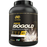 Pvl IsoGold 5 lb whey protein isolate powder tub in Vanilla Milkshake flavor, front view.