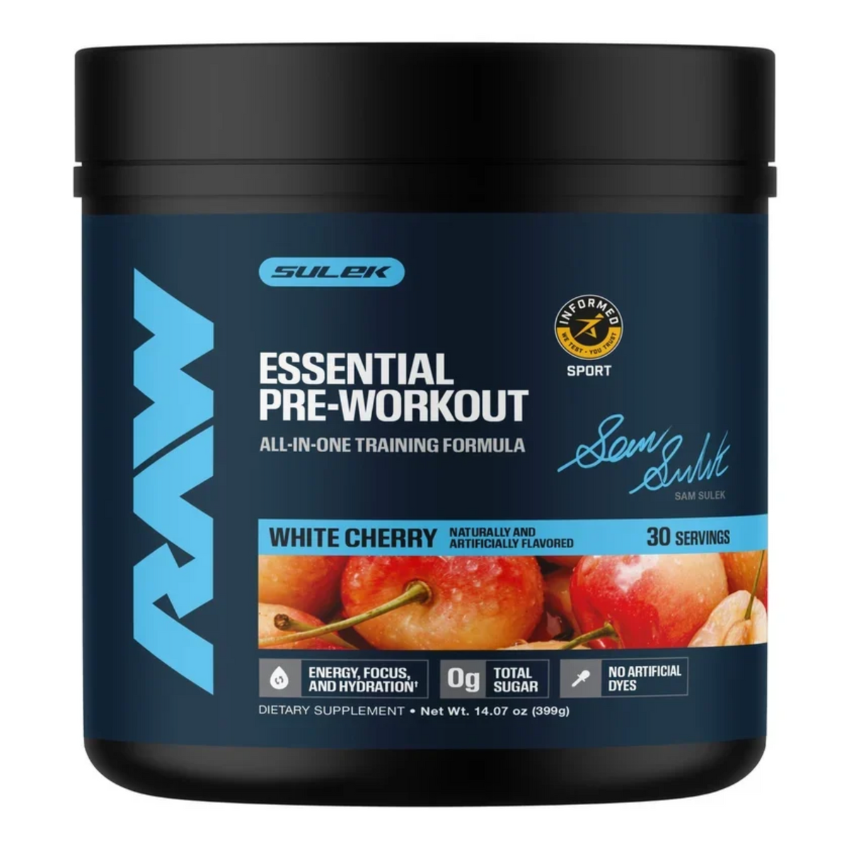 raw essential pre workout white cherry, front view
