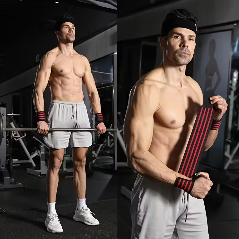 Man exercising with a barbell and resistance band in a gym setting
