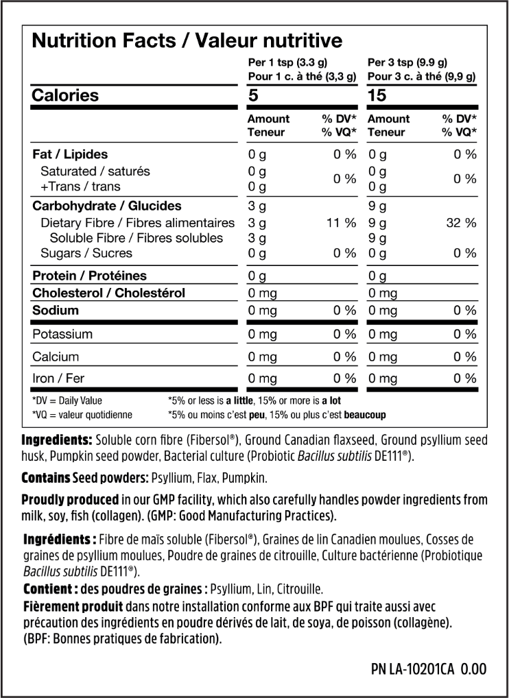 Unique 5-in-1 multi fibre + probiotic blend containing gentle-acting, easy-mixing, clinically-proven ingredients like Fibersol.® This dual-action supplement clears out the bad stuff with fibre while bringing in good bacteria for a light and healthy gut. Best prices at Nutrizone.ca!