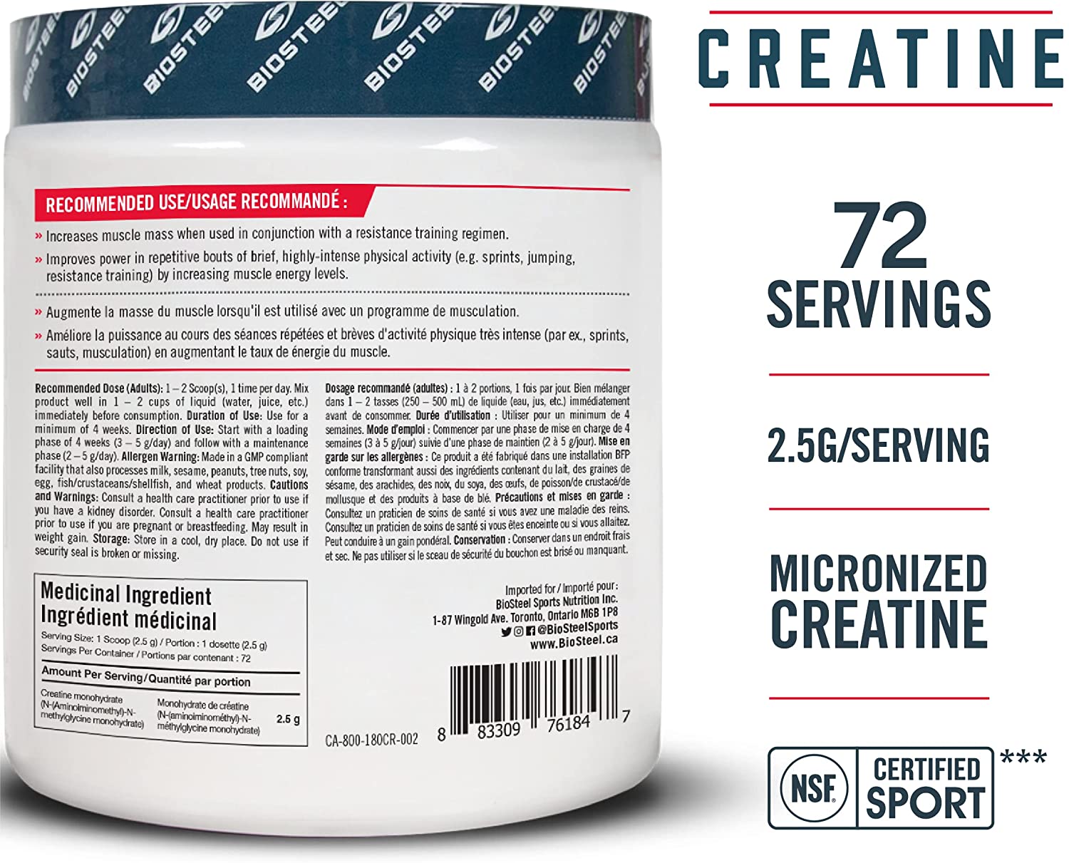 BIOSTEEL Micronized Creatine (NSF Certified) pure micronized creatine,  Increase muscle mass with a resistance training regiment. Vegan and certified. Best deals at NUTRIZONE!