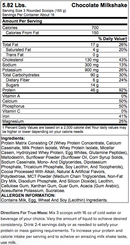 BSN TRUE-MASS Has Low Calories And High Protein For Lean Muscle Gaining