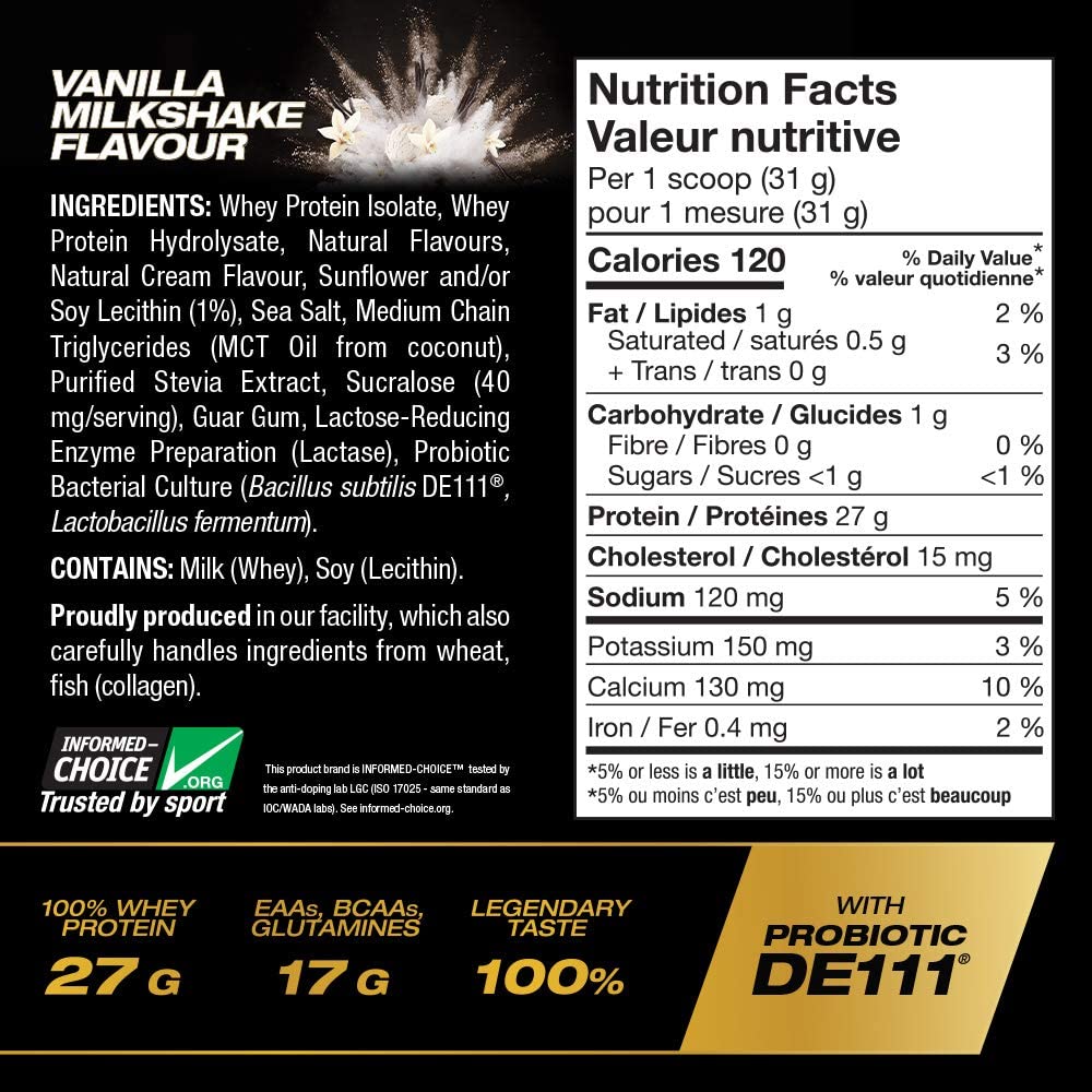 Nutrition facts and ingredients panel for Pvl IsoGold 5 lb Vanilla Milkshake whey protein isolate