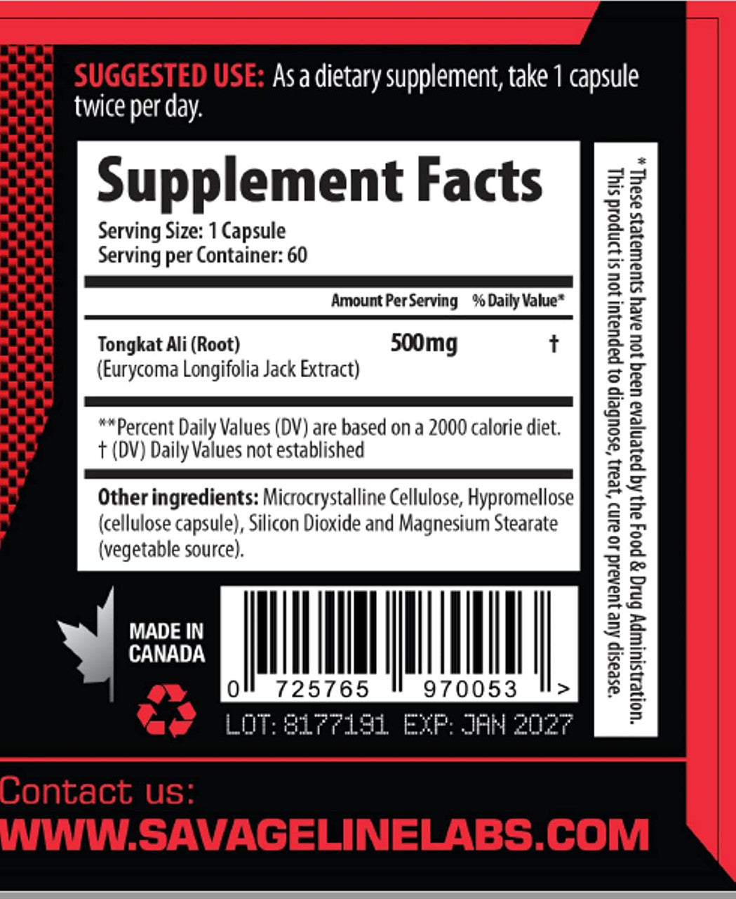 Savage Line Labs Tongkat Ali is an extra strength formula that provides 500 mg of Tongkat Ali (root) - Eurycoma Longifolia Jack Extract per each serving.. Best deals at nutrizone.ca!